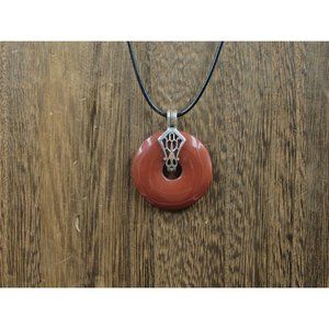 18" Sterling Silver & Leather Brown Circle Stone Necklace Vintage Minimalist